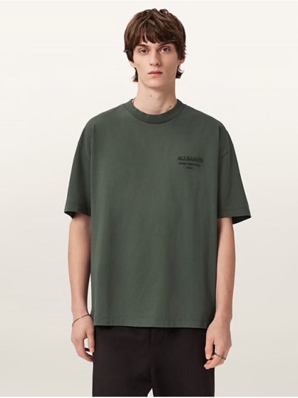 All Saints Men's Olive Green Crewneck T-Shirt
